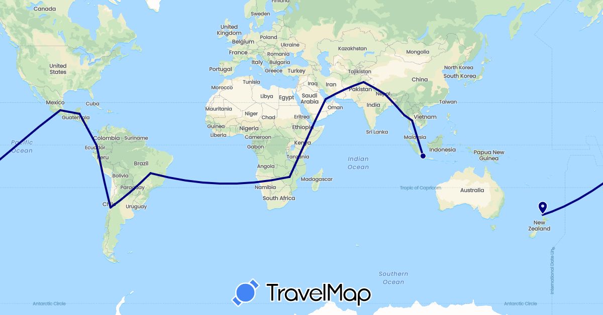 TravelMap itinerary: driving in Brazil, Belize, Chile, Ecuador, Indonesia, Cambodia, Myanmar (Burma), Mexico, Nepal, New Zealand, Pakistan, Qatar, Thailand, Zimbabwe (Africa, Asia, North America, Oceania, South America)
